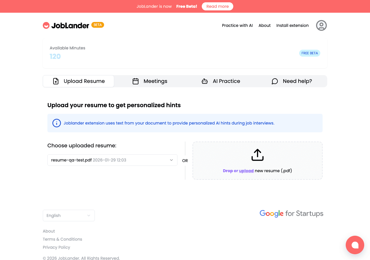 Dashboard – Upload Resume tab