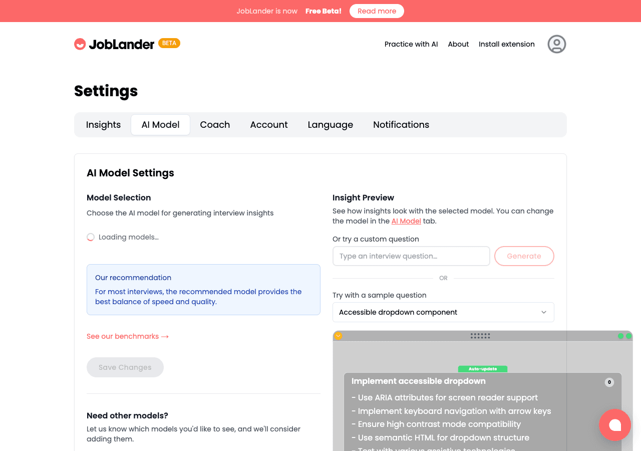 Settings – AI Model tab