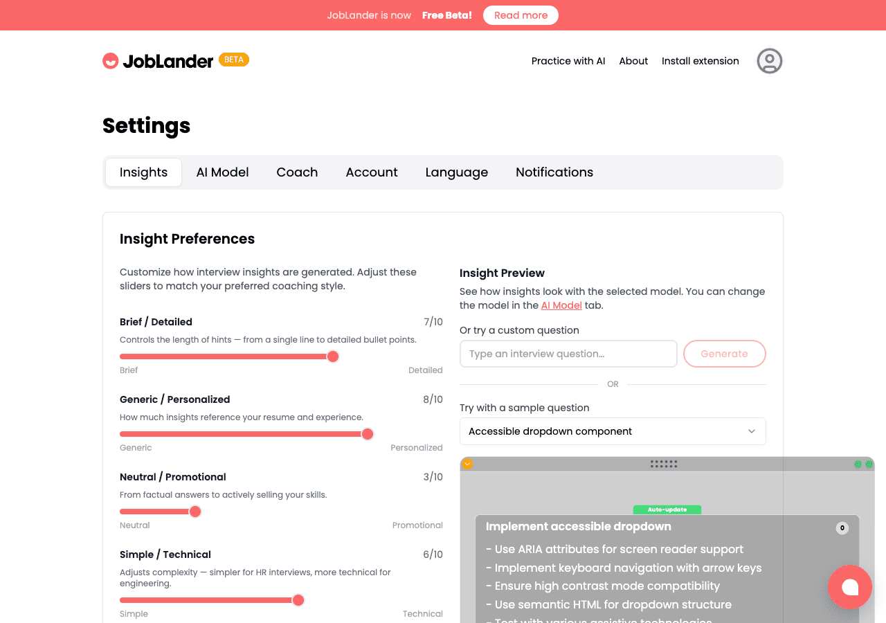Settings – Insights Preferences sliders