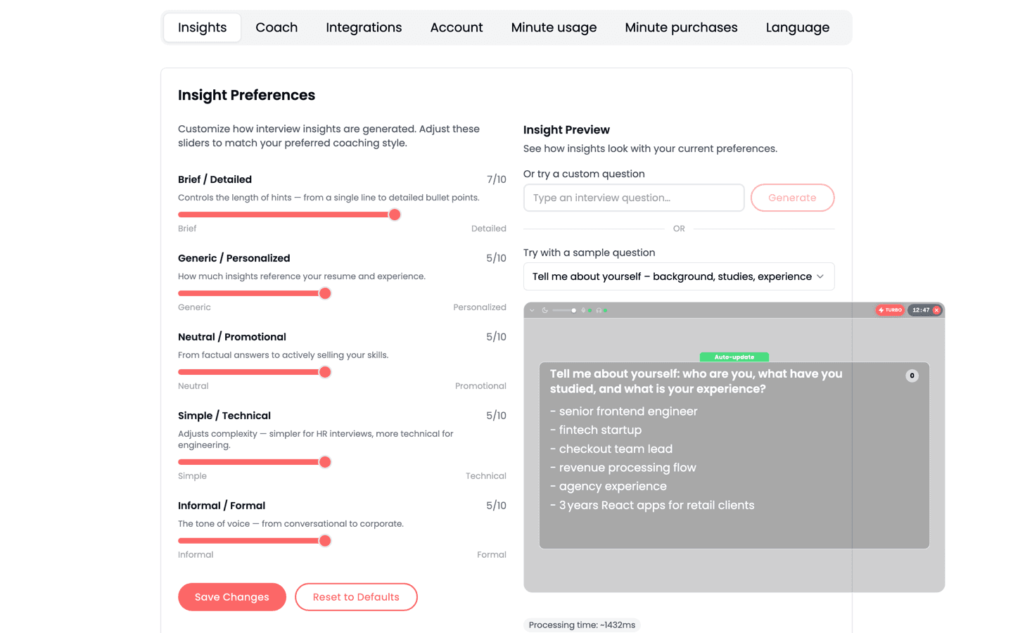 Settings – Insights Preferences sliders